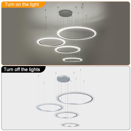 4 Rings Silver Modern Round Pendant Light Modern Chandeliers Dimmable LED Ceiling Lighting for Hallway Living Room Kitchen Entryway Bedroom, 110W, 3000K-6000K, 9350lm